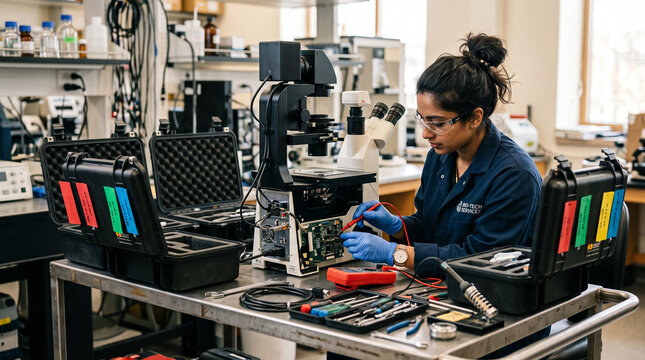 Female technician repairing laboratory microscope electronics using multimeter test probe. Concept of checked, handheld, technical, biomedical technician, maintenance, female engineer, circuit board.
