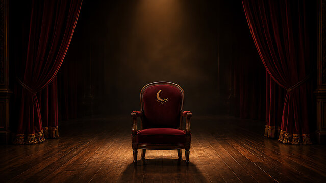 Classic theater armchair featuring a crescent moon and bat motif placed on a dark wooden stage velvet chair spotlight lighting red curtains bat embroidery stage design classic furniture