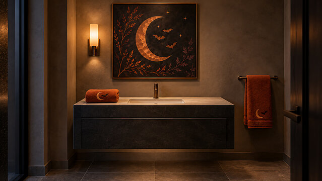 Contemporary bathroom vanity with crescent moon art and warm lighting bathroom design wall art interior design modern bathroom luxury bathroom sconce light home decor ambient lighting
