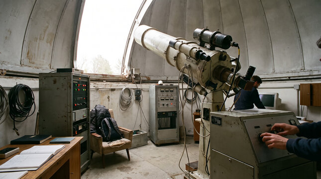 Astronomer operating large vintage telescope inside observatory dome with control panel and science equipment. Concept of cycle, astronomy, astrophysics, research.