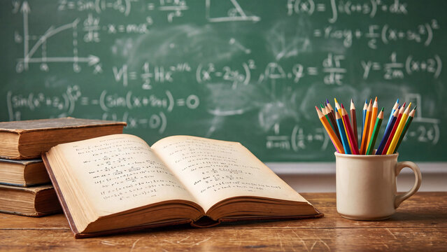 Textbook lies open on a wooden classroom desk surrounded by pencils and chalkboard mathematical formulas.