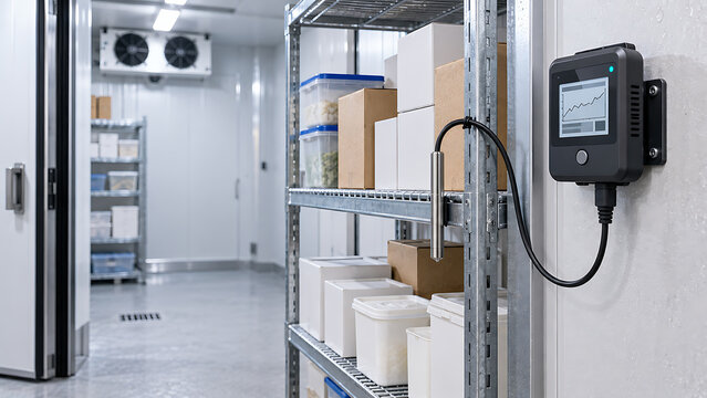 Temperature monitoring device in cold storage warehouse for food safety with temperature monitor refrigeration unit industrial technology temperature sensor monitoring system data logger