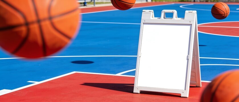 Blank white A-frame sign mockup on a colorful outdoor basketball court with bouncing balls