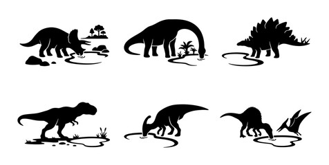 Dinosaur Silhouettes Set: Prehistoric Reptiles Drinking Water, Jurassic Era Wildlife Illustrations © Sahil