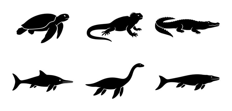 Reptile and Aquatic Creature Silhouettes: Turtle, Lizard, Crocodile, Dolphin, Plesiosaur, Ichthyosaur