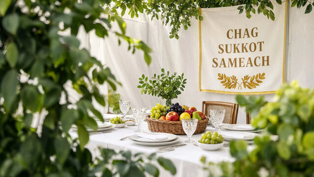 Bright sukkah table set for holiday guests, white place settings harvest fruit plus chag sameach banner among leaves, autumn observance greeting for festival of booths