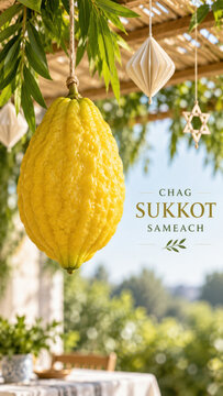 Hanging citron beneath sukkah canopy greeting, tall outdoor card with chag sukkot sameach text plus paper ornament, synagogue newsletter artwork for festival of booths