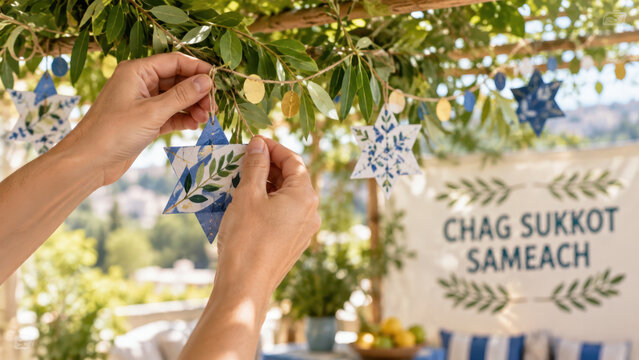 Hands hanging star ornament in sukkah, paper decoration being tied under leafy branches near chag sameach banner, faith publication cover for festival of booths