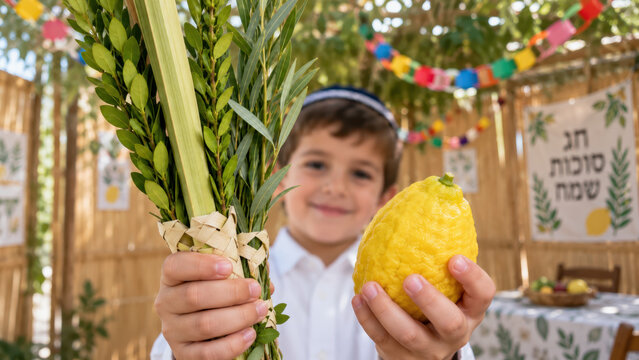Young Jewish boy holding lulav bouquet and yellow etrog inside decorated sukkah booth during Sukkot festival celebration
