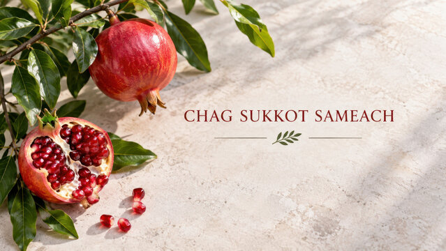 Wide pomegranate sukkot greeting layout, fruit branch plus scattered seeds framing chag sameach message, social media holiday post for festival of booths