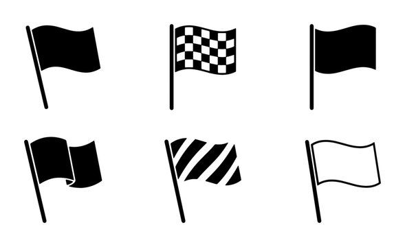 Set of 6 Black and White Flag Icons, Racing and Celebration Symbols, Vector Graphics