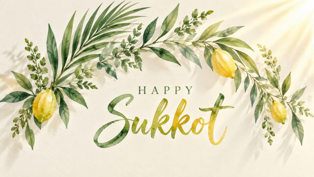 Hand painted happy sukkot header, arched olive foliage plus yellow citrons around brush script lettering, social media holiday post for seasonal faith gathering