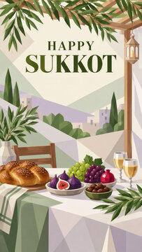 Tall happy sukkot harvest table card, challah wine figs grapes plus pomegranates inside a leafy festival booth, cultural tradition feature for sacred festival message
