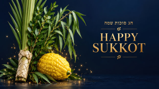 Happy Sukkot חג סוכות שמח greeting with glowing etrog, lulav and Four Species on elegant dark blue festive background