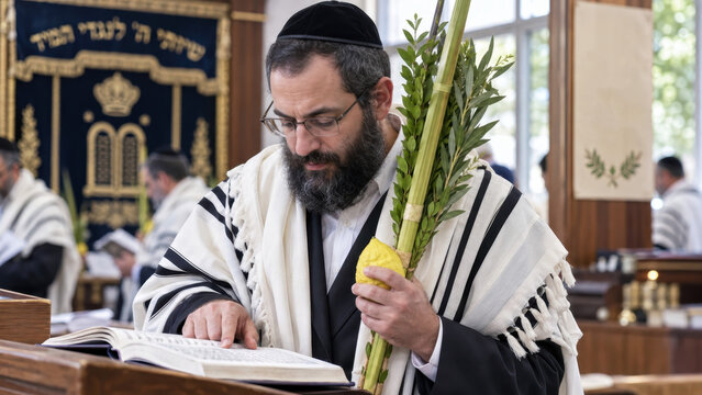 Sukkot prayer with Jewish man holding Four Species, lulav and etrog while reading sacred text in synagogue