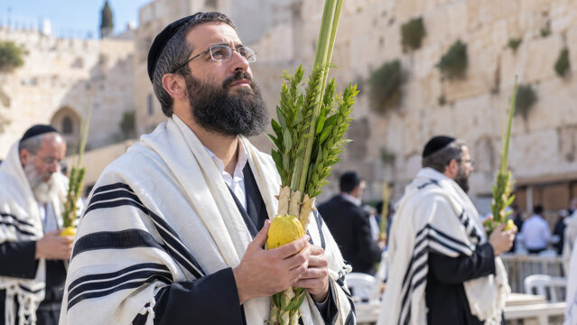 Jewish worshipper holding four species near western wall, bearded man in tallit looking upward amid an outdoor prayer gathering, hospitality event invitation for sacred festival message