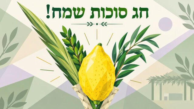 Sukkot greeting with etrog, lulav, myrtle, willow branches, hebrew holiday typography, jewish harvest festival decor, geometric pastel background, festive botanical arrangement, autumn celebration
