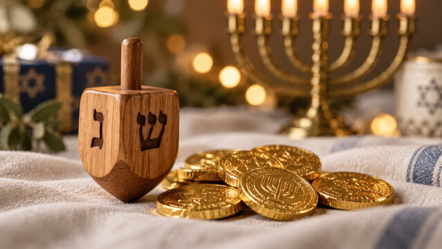Hanukkah celebration with wooden dreidel, gelt coins and glowing menorah creating cozy Festival of Lights holiday scene