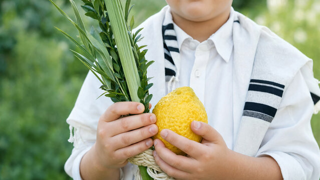 Jewish boy carrying lulav plus etrog, child in white shirt plus tallit presenting the four species outdoors, social media holiday post for sukkot festivities