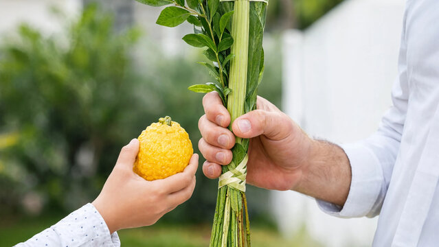 Child offering etrog to adult with lulav, intergenerational sukkot ritual exchange shown in a sunny garden, hospitality event invitation for sukkot festivities