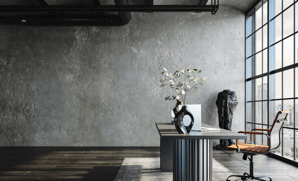 Modern office interior in loft, industrial style, 3d render