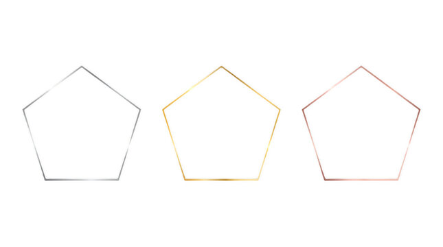 Set of three metallic pentagon frames in gold silver and rose gold colors