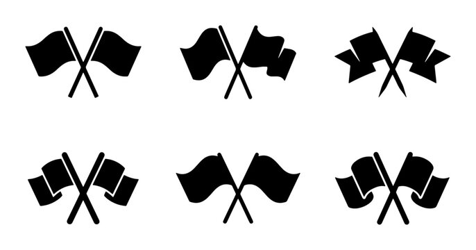 Set of 6 Black Crossed Flags Vector Icons, Simple Silhouette Symbols for Racing and Competition