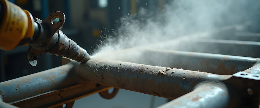 Sandblasting metal frame with fine dust particles in industrial setting.