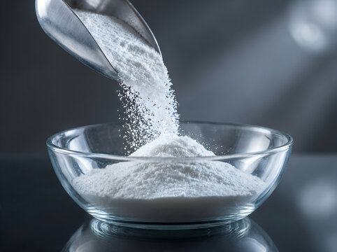 Creatina powder being poured from a metal scoop into a glass bowl for fitness supplementation and workout nutrition