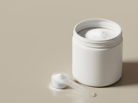 A white plastic container filled with creatina powder next to a measuring spoon on a neutral background