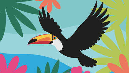 Fototapeta premium Toucan bird flying in a tropical jungle paradise with colorful leaves and plants represents exotic rainforest wildlife.