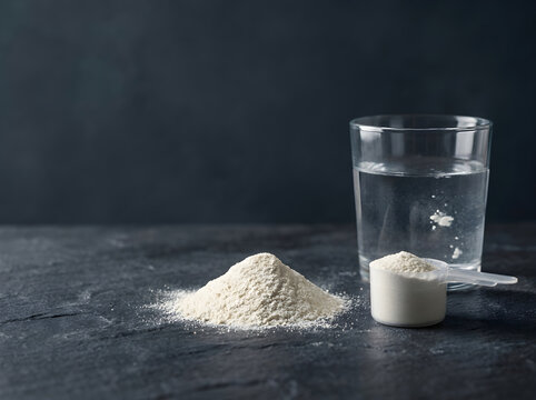 Creatina powder heap with a scoop and a glass of water on dark stone tabletop