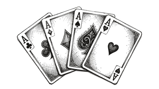 Detailed hand drawn sketch illustration of four ace playing cards arranged in a fan shape display