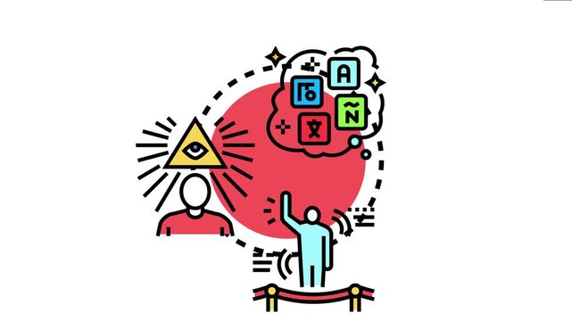 Person memorizing information from a thought bubble containing various language alphabet characters, concepts of learning, education, and language acquisition