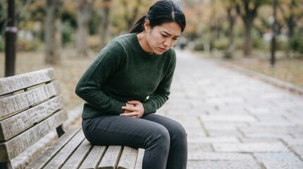 Fototapeta premium Young Woman Experiencing Abdominal Pain While Sitting on a Park Bench Outdoors