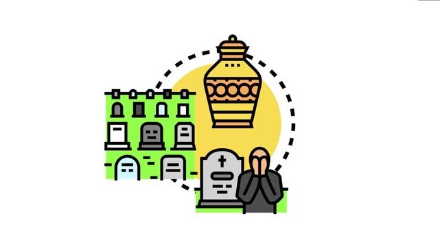 Memorial funeral procession concept the remembrance journey, including cremation urn, cemetery, headstones, and a person grieving at a gravesite for a departed loved one
