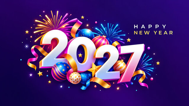 Colorful fireworks display celebrating year 2027 , Happy New Year 2027, New Year 2027, Happy New Year, New Year, 2027 Typography, 2027
