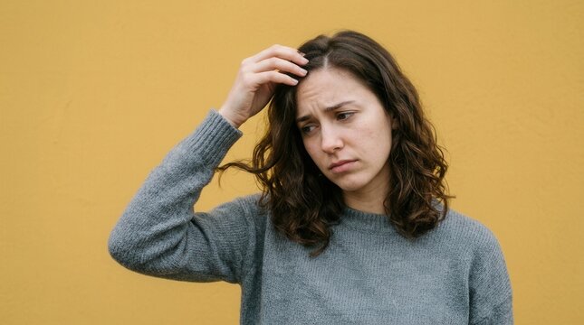 Young Woman Looking Thoughtful and Pensive Against Yellow Wall