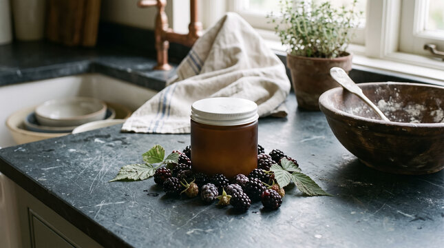 Amber glass cosmetic jar surrounded by fresh blackberries on rustic kitchen stone countertop. Concept of skincare, berries, advertising, product, skincare packaging, berry cosmetics, mock up.