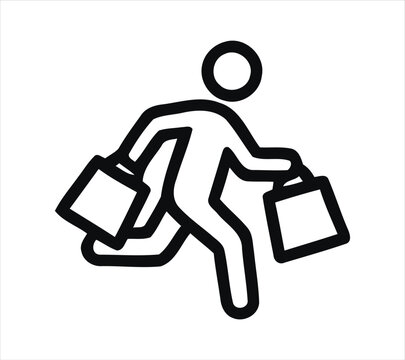 Stick figure running with shopping bags illustration black and white