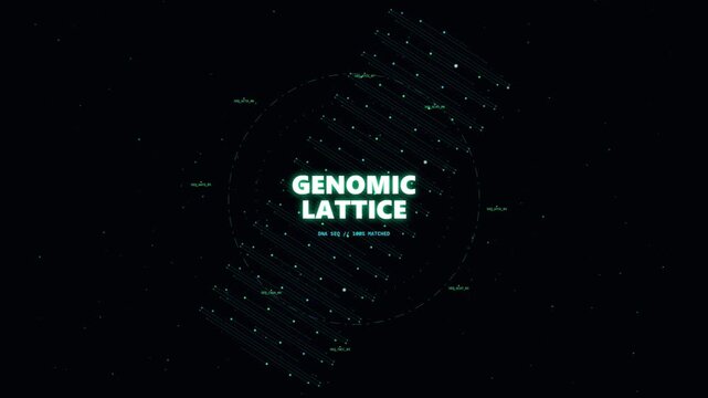 Futuristic digital interface with genomic lattice text and dna sequence data visualization on a dark background