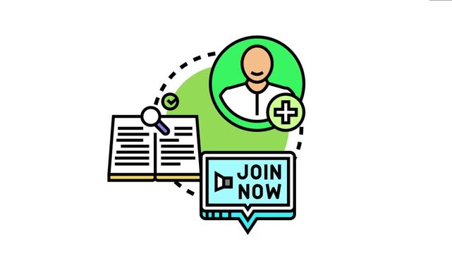 Member renewal notice concept showing an avatar with an add sign. A document with a magnifying glass. And a speech bubble with a join now message. membership subscription and registration
