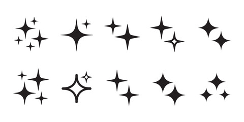 Fototapeta premium Minimalist black sparkle stars collection vector illustration isolated on standard transparent background.