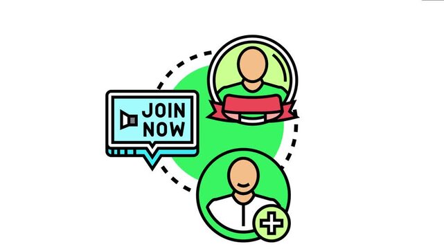 People icons representing members and a join now button illustrate the concept of adding new attendees and customers to an online community or digital platform