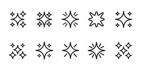 Fototapeta premium Outline sparkling star and shimmer shape icons for decorative light effects on transparent background.