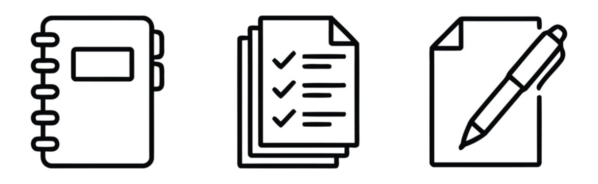 Office supplies including a notepad checklist and pen in simple line art