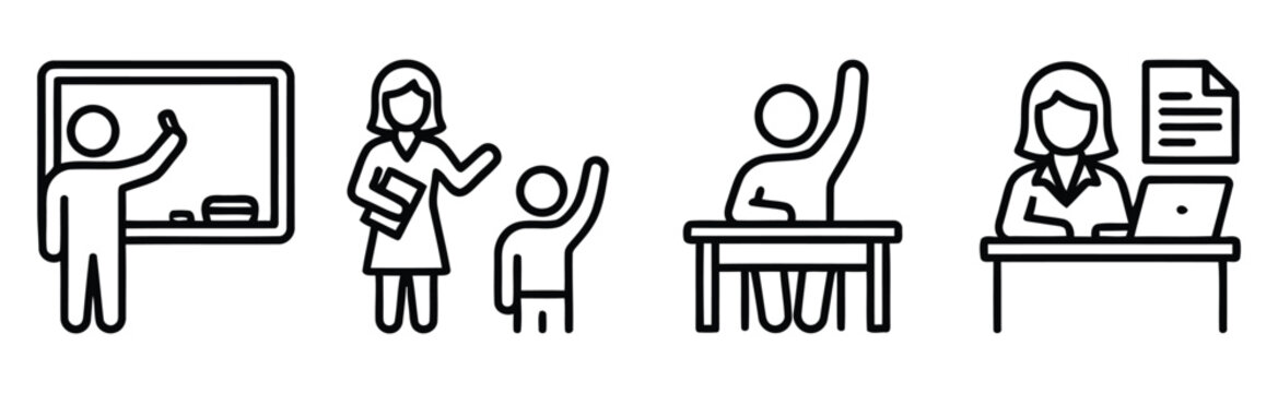 Education icons set featuring teacher student learning and classroom activities