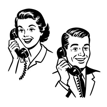 Vintage style illustration of a couple talking on the phone.