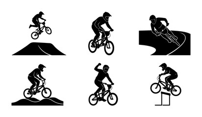 Fototapeta premium BMX Bicycle Rider Silhouettes, Extreme Sports Action, Freestyle Cycling Vector Set