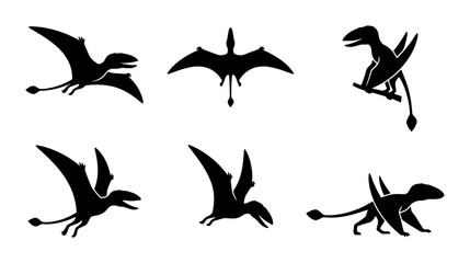 Pterodactyl Silhouettes, Flying Dinosaur Icons, Prehistoric Reptile Vector Set, Ancient Creature Graphics © Krishna